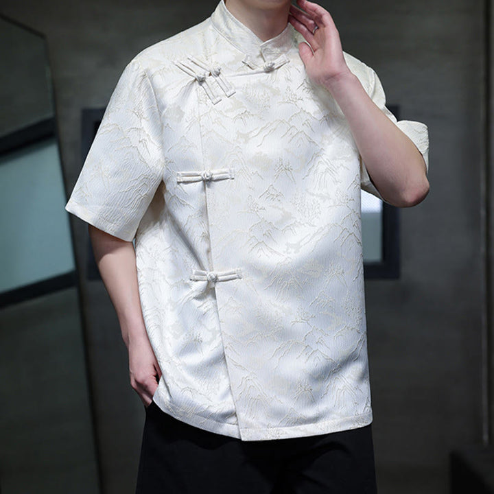 Buddha Stones夏 山柄 ジャカード 中国風 カエルボタン コットン 半袖 メンズシャツ - image 1