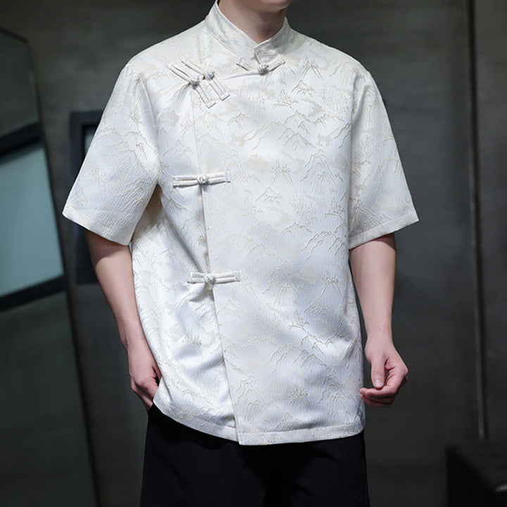 Buddha Stones夏 山柄 ジャカード 中国風 カエルボタン コットン 半袖 メンズシャツ - image 2