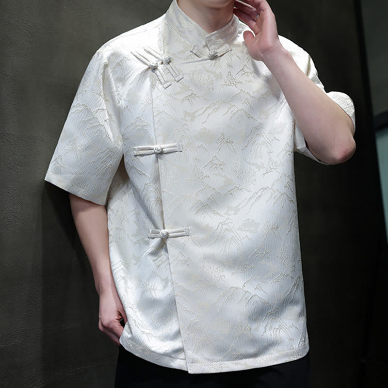 Buddha Stones夏 山柄 ジャカード 中国風 カエルボタン コットン 半袖 メンズシャツ - image 4