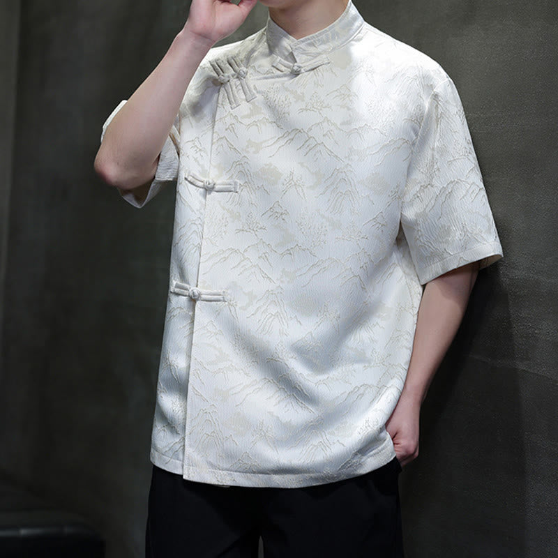 Buddha Stones夏 山柄 ジャカード 中国風 カエルボタン コットン 半袖 メンズシャツ - image 6