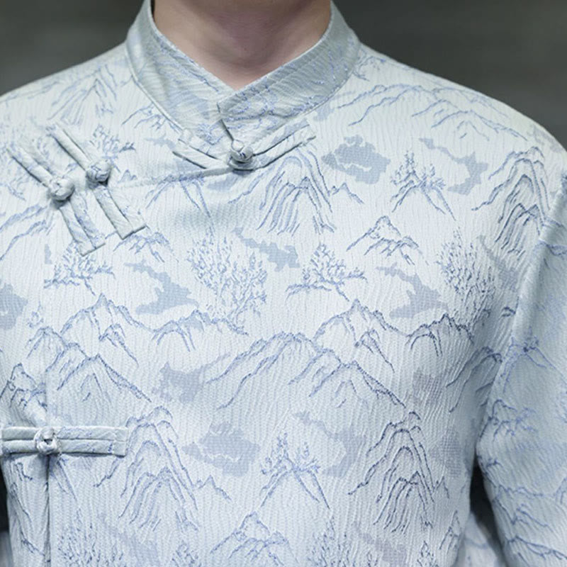 Buddha Stones夏 山柄 ジャカード 中国風 カエルボタン コットン 半袖 メンズシャツ - image 18