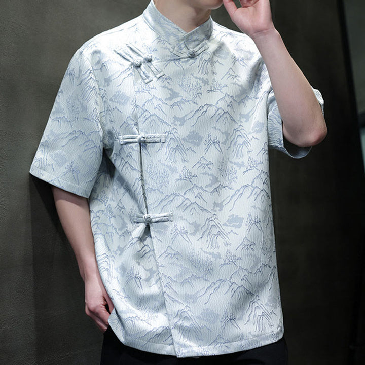Buddha Stones夏 山柄 ジャカード 中国風 カエルボタン コットン 半袖 メンズシャツ - image 13
