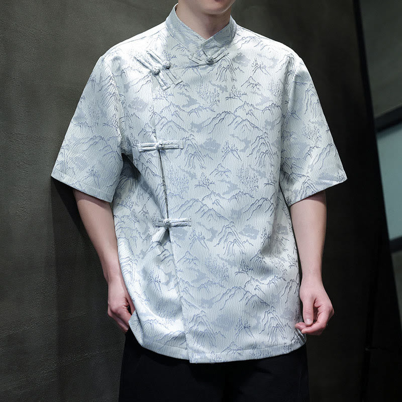 Buddha Stones夏 山柄 ジャカード 中国風 カエルボタン コットン 半袖 メンズシャツ - image 16