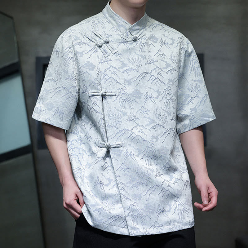 Buddha Stones夏 山柄 ジャカード 中国風 カエルボタン コットン 半袖 メンズシャツ - image 9