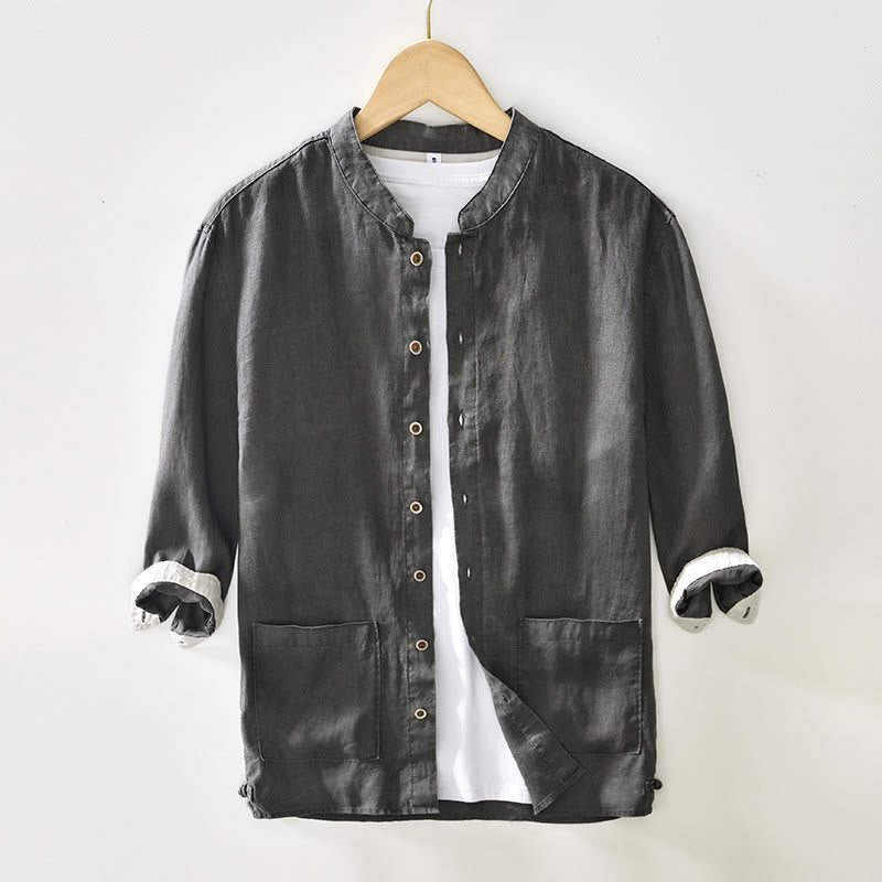 Buddha Stones秋冬 無地 ボタンダウン スタンドカラー 七分袖 リネン メンズシャツ ポケット付き - ダークグレー - US/UK/AU42、 EU52 (3XL) - image 0