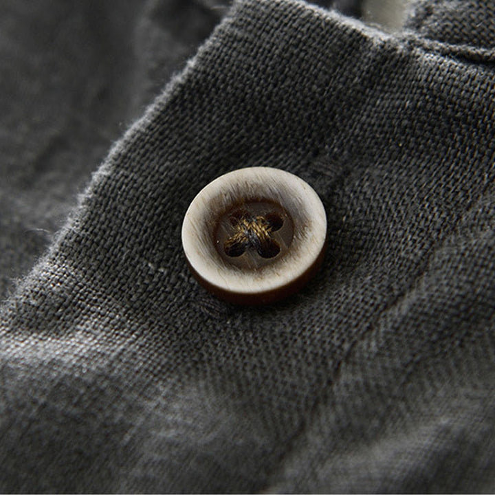 Buddha Stones秋冬 無地 ボタンダウン スタンドカラー 七分袖 リネン メンズシャツ ポケット付き - image 6