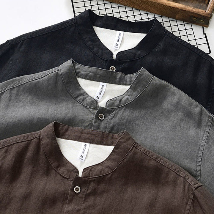 Buddha Stones秋冬 無地 ボタンダウン スタンドカラー 七分袖 リネン メンズシャツ ポケット付き - image 24