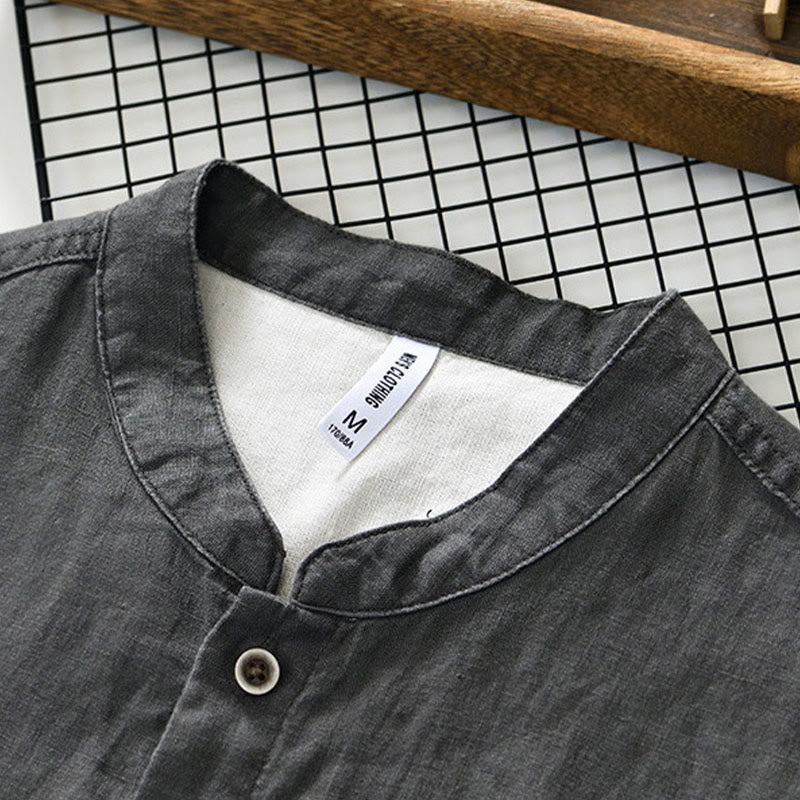 Buddha Stones秋冬 無地 ボタンダウン スタンドカラー 七分袖 リネン メンズシャツ ポケット付き - image 3