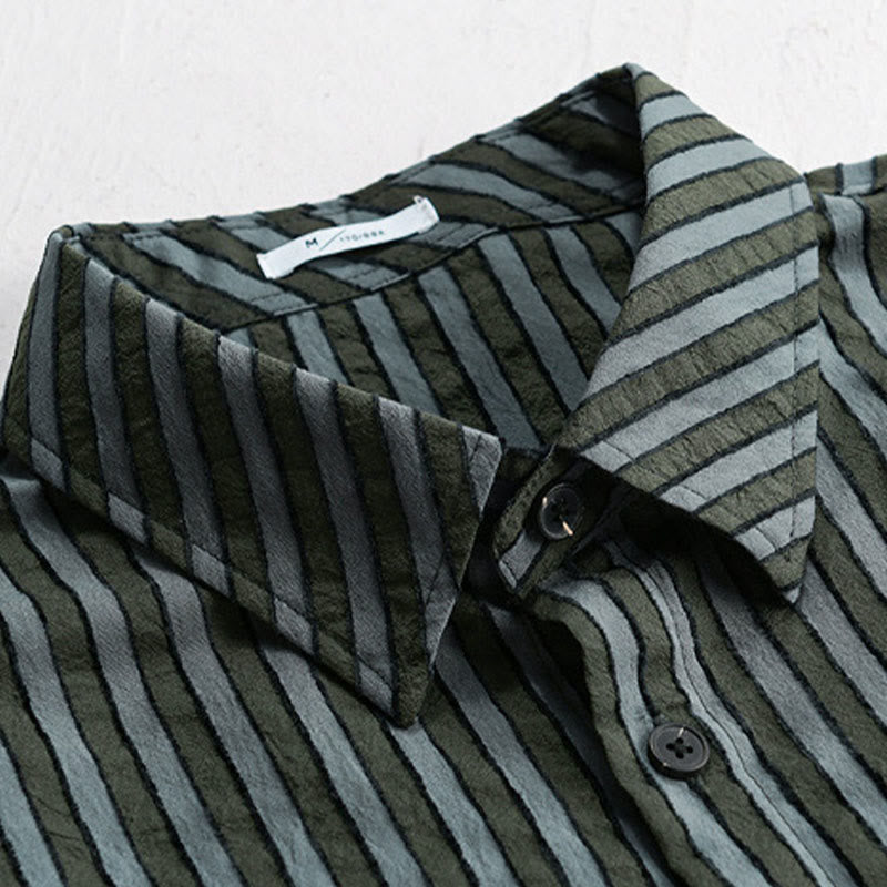 Buddha Stonesヴィンテージ ストライプ ボタンダウン スタンドカラー 長袖 メンズ コットンシャツ - image 2