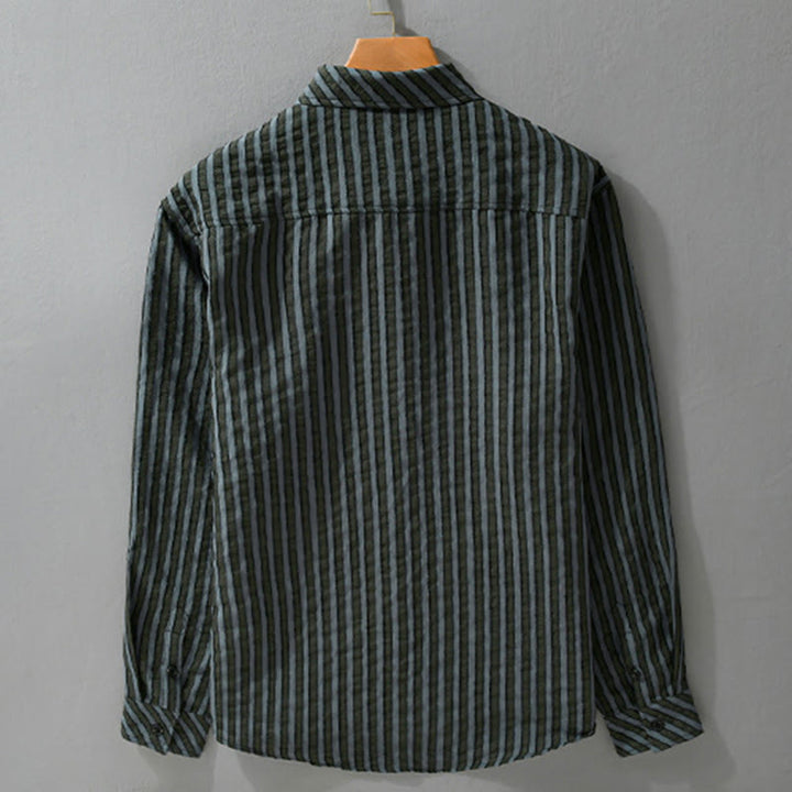 Buddha Stonesヴィンテージ ストライプ ボタンダウン スタンドカラー 長袖 メンズ コットンシャツ - image 1