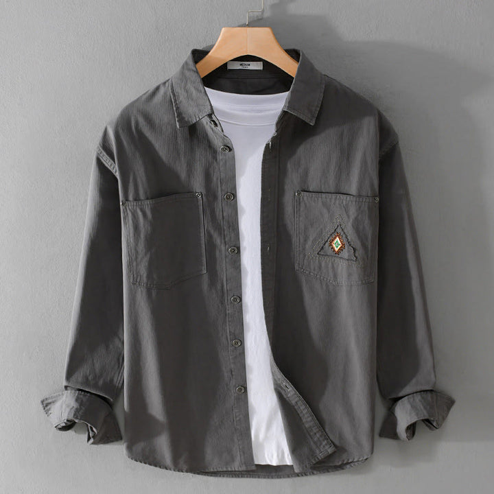Buddha Stones秋 三角形 菱形 装飾ポケット ボタンダウン スタンドカラー 長袖 メンズ コットンシャツ - グレー - US/UK/AU42、 EU52 (3XL) - image 0