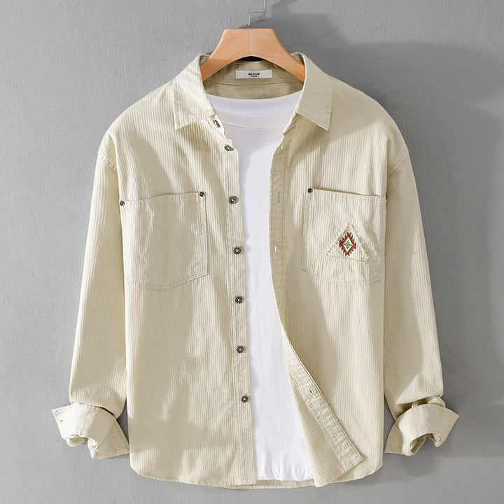 Buddha Stones秋 三角形 菱形 装飾ポケット ボタンダウン スタンドカラー 長袖 メンズ コットンシャツ - リネン - US/UK/AU42、 EU52 (3XL) - image 6