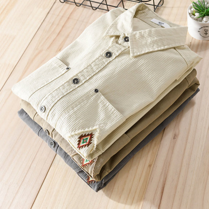 Buddha Stones秋 三角形 菱形 装飾ポケット ボタンダウン スタンドカラー 長袖 メンズ コットンシャツ - image 23