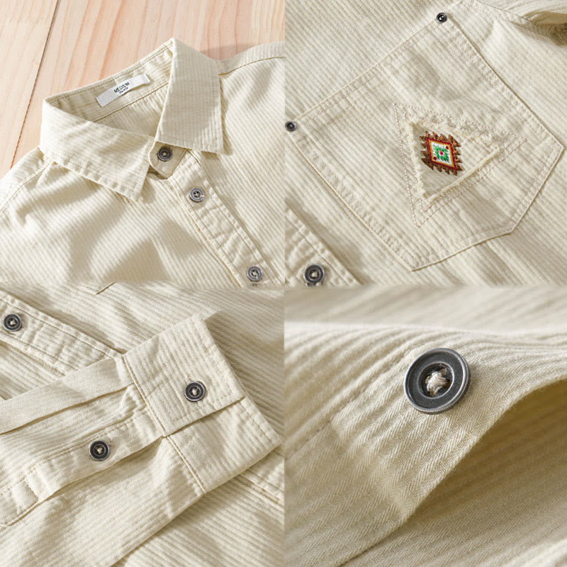 Buddha Stones秋 三角形 菱形 装飾ポケット ボタンダウン スタンドカラー 長袖 メンズ コットンシャツ - image 13