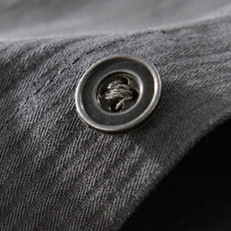 Buddha Stones秋 三角形 菱形 装飾ポケット ボタンダウン スタンドカラー 長袖 メンズ コットンシャツ - image 4