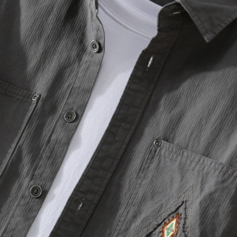 Buddha Stones秋 三角形 菱形 装飾ポケット ボタンダウン スタンドカラー 長袖 メンズ コットンシャツ - image 2