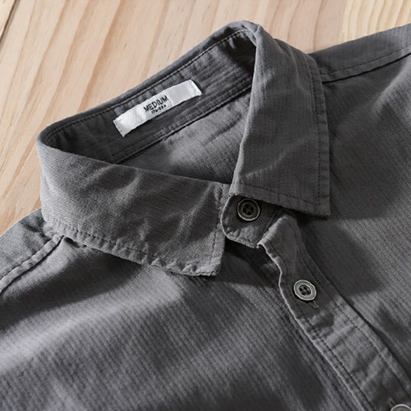 Buddha Stones秋 三角形 菱形 装飾ポケット ボタンダウン スタンドカラー 長袖 メンズ コットンシャツ - image 1