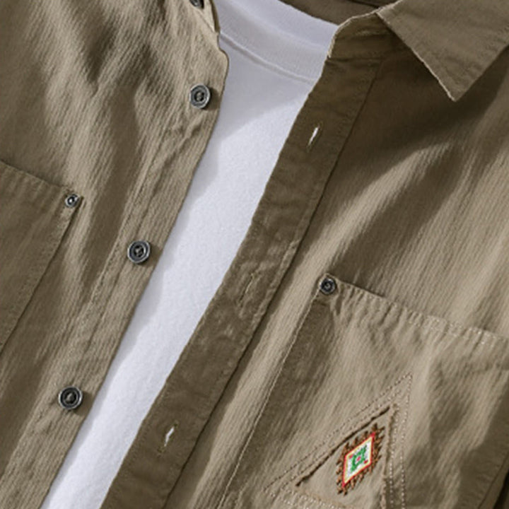 Buddha Stones秋 三角形 菱形 装飾ポケット ボタンダウン スタンドカラー 長袖 メンズ コットンシャツ - image 17