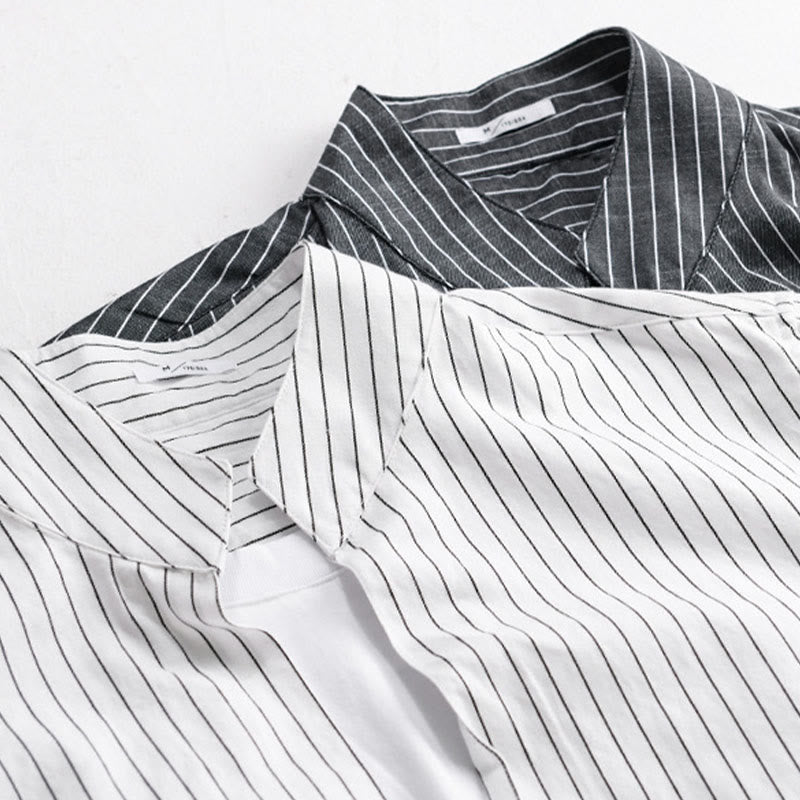 Buddha Stones秋 2イン1 ストライプ スタンドカラー 長袖 メンズ コットンシャツ - image 17