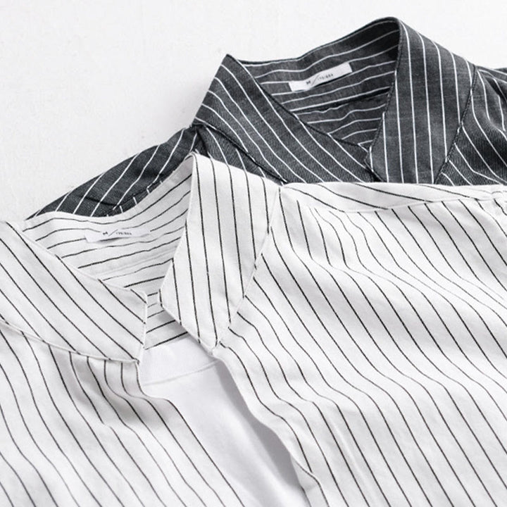 Buddha Stones秋 2イン1 ストライプ スタンドカラー 長袖 メンズ コットンシャツ - image 17