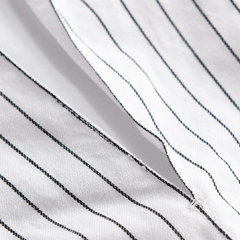 Buddha Stones秋 2イン1 ストライプ スタンドカラー 長袖 メンズ コットンシャツ - image 4