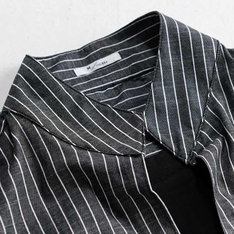 Buddha Stones秋 2イン1 ストライプ スタンドカラー 長袖 メンズ コットンシャツ - image 11