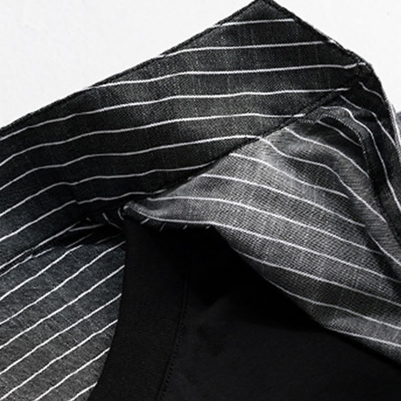 Buddha Stones秋 2イン1 ストライプ スタンドカラー 長袖 メンズ コットンシャツ - image 13