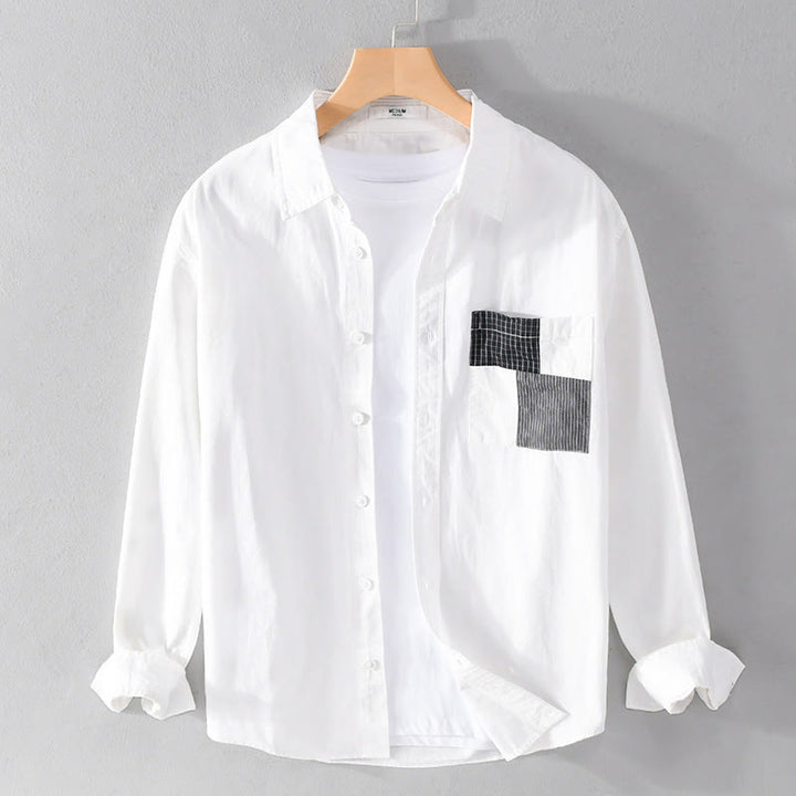 Buddha Stones秋 スクエア カラーブロッキング 装飾ポケット ボタンダウン スタンドカラー 長袖 メンズ コットンシャツ - 白 - US/UK/AU42、 EU52 (3XL) - image 8