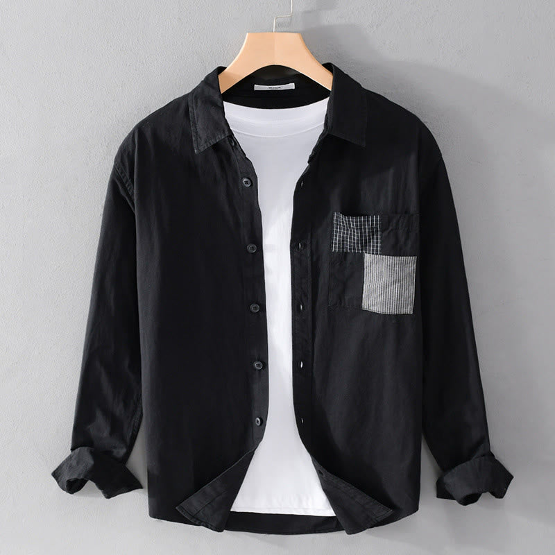 Buddha Stones秋 スクエア カラーブロッキング 装飾ポケット ボタンダウン スタンドカラー 長袖 メンズ コットンシャツ - 黒 - US/UK/AU42、 EU52 (3XL) - image 4