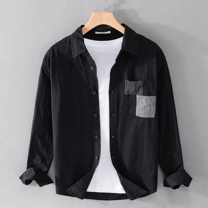 Buddha Stones秋 スクエア カラーブロッキング 装飾ポケット ボタンダウン スタンドカラー 長袖 メンズ コットンシャツ - 黒 - US/UK/AU42、 EU52 (3XL) - image 4