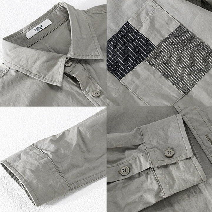 Buddha Stones秋 スクエア カラーブロッキング 装飾ポケット ボタンダウン スタンドカラー 長袖 メンズ コットンシャツ - image 3