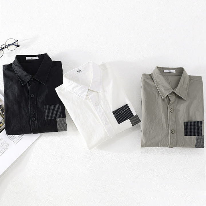 Buddha Stones秋 スクエア カラーブロッキング 装飾ポケット ボタンダウン スタンドカラー 長袖 メンズ コットンシャツ - image 14