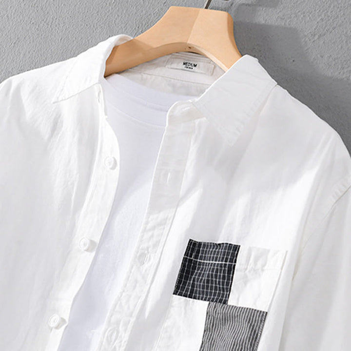 Buddha Stones秋 スクエア カラーブロッキング 装飾ポケット ボタンダウン スタンドカラー 長袖 メンズ コットンシャツ - image 10