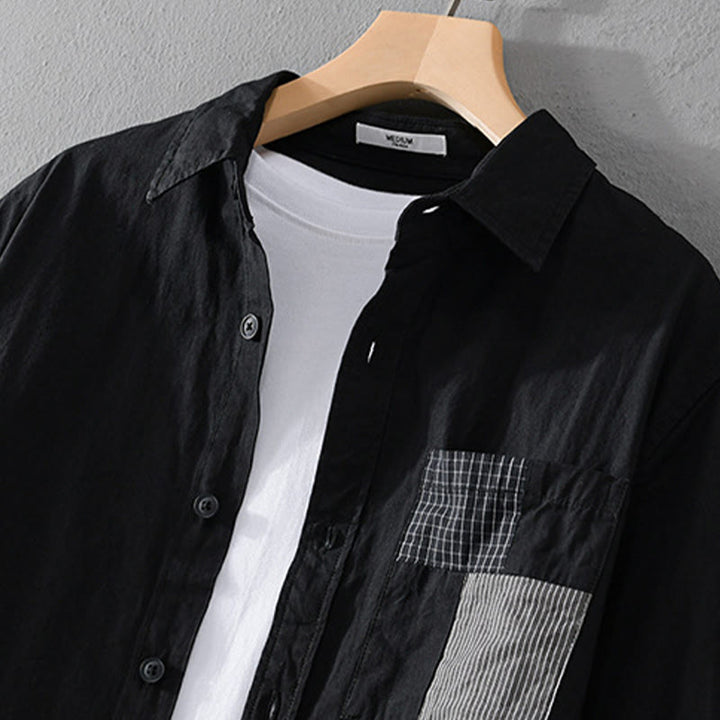 Buddha Stones秋 スクエア カラーブロッキング 装飾ポケット ボタンダウン スタンドカラー 長袖 メンズ コットンシャツ - image 5