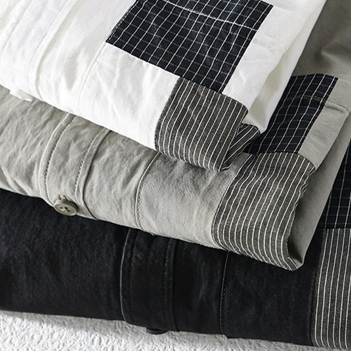 Buddha Stones秋 スクエア カラーブロッキング 装飾ポケット ボタンダウン スタンドカラー 長袖 メンズ コットンシャツ - image 17