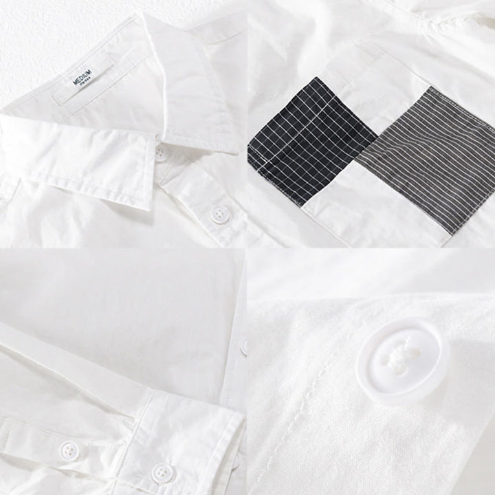 Buddha Stones秋 スクエア カラーブロッキング 装飾ポケット ボタンダウン スタンドカラー 長袖 メンズ コットンシャツ - image 12