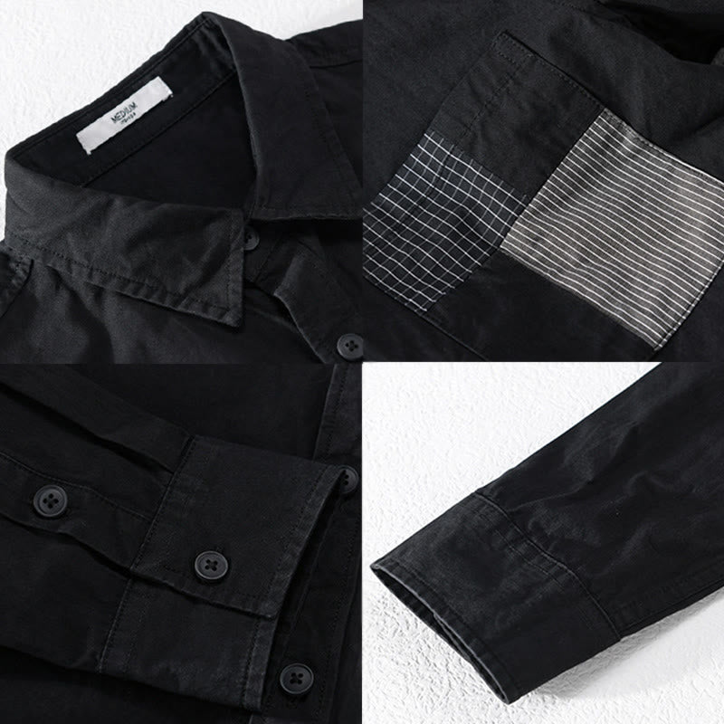 Buddha Stones秋 スクエア カラーブロッキング 装飾ポケット ボタンダウン スタンドカラー 長袖 メンズ コットンシャツ - image 7