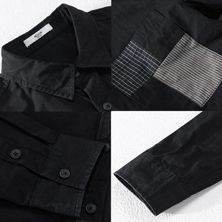 Buddha Stones秋 スクエア カラーブロッキング 装飾ポケット ボタンダウン スタンドカラー 長袖 メンズ コットンシャツ - image 7