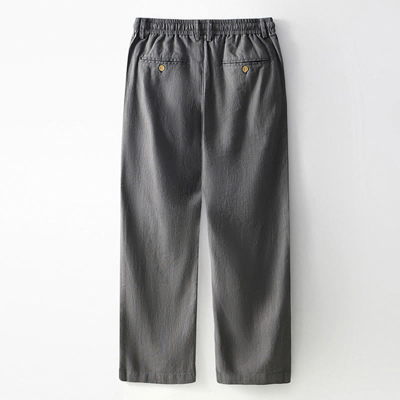 Buddha Stones秋冬 無地 ドローストリング ジッパー メンズ リネン ワイドレッグパンツ ポケット付き - image 1