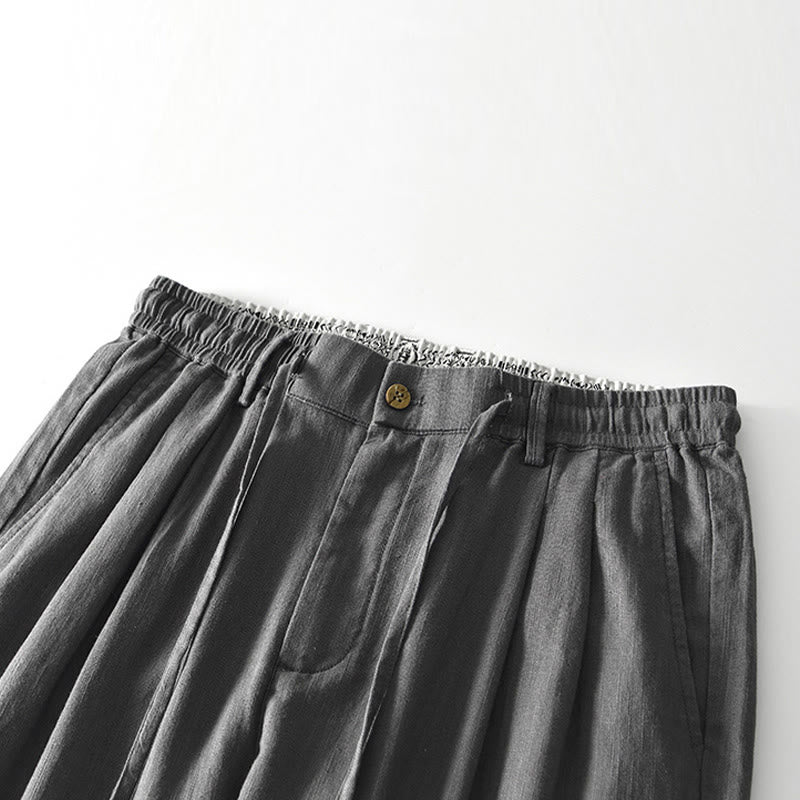 Buddha Stones秋冬 無地 ドローストリング ジッパー メンズ リネン ワイドレッグパンツ ポケット付き - image 2