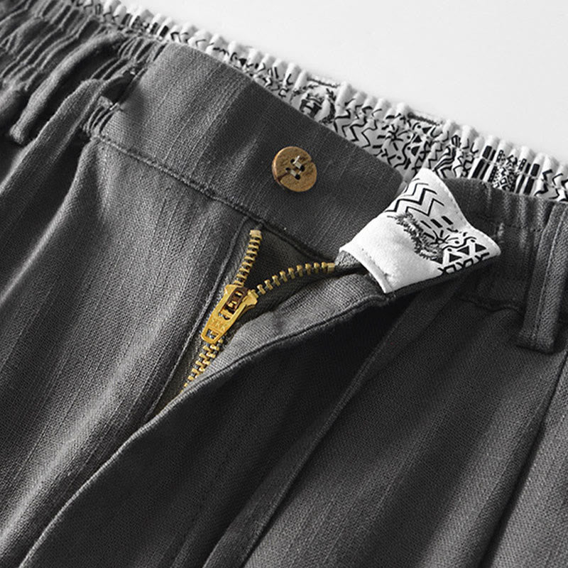 Buddha Stones秋冬 無地 ドローストリング ジッパー メンズ リネン ワイドレッグパンツ ポケット付き - image 4