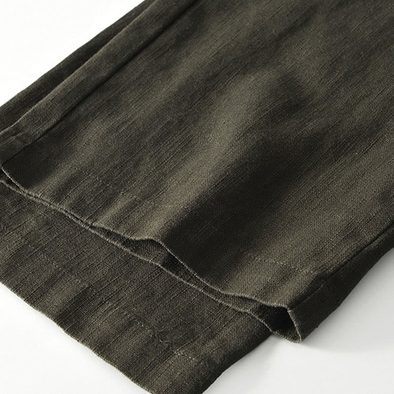 Buddha Stones秋冬 無地 ドローストリング ジッパー メンズ リネン ワイドレッグパンツ ポケット付き - image 19