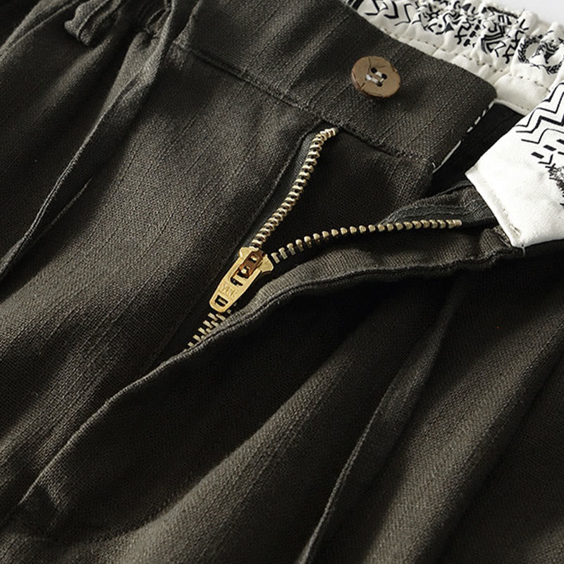 Buddha Stones秋冬 無地 ドローストリング ジッパー メンズ リネン ワイドレッグパンツ ポケット付き - image 18