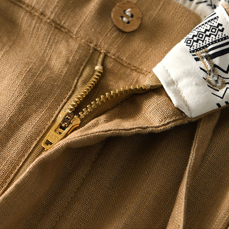 Buddha Stones秋冬 無地 ドローストリング ジッパー メンズ リネン ワイドレッグパンツ ポケット付き - image 23