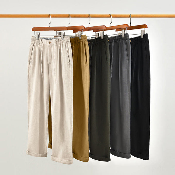 Buddha Stones秋冬 無地 ドローストリング ジッパー メンズ リネン ワイドレッグパンツ ポケット付き - image 32