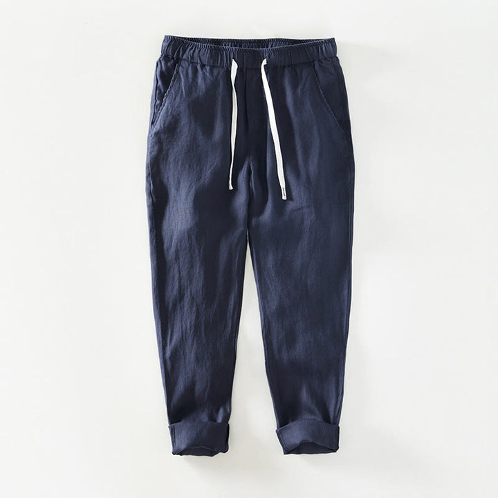 Buddha Stones秋冬 無地 ドローストリング 伸縮性ウエスト メンズ リネン アンクル丈 パンツ ポケット付き - ミッドナイトブルー - US/UK/AU44、 EU54 (4XL) - image 8