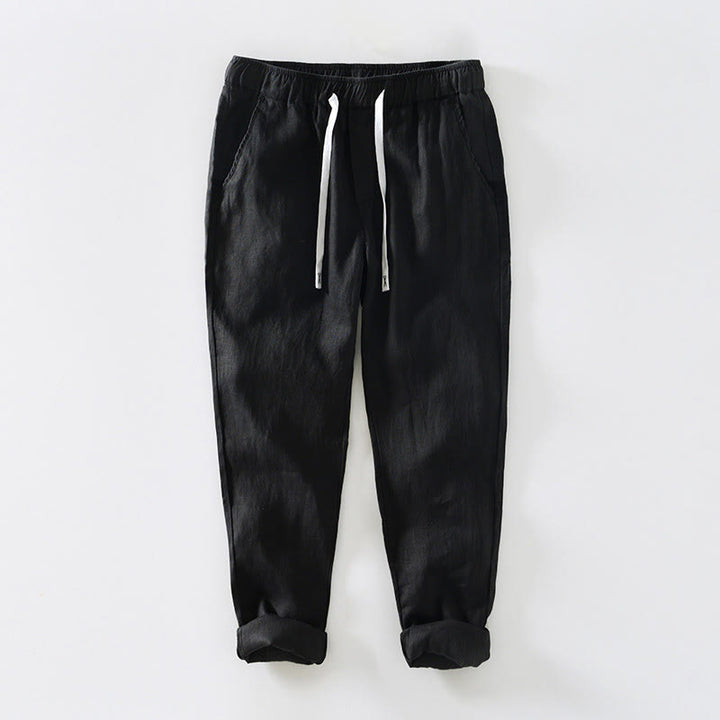 Buddha Stones秋冬 無地 ドローストリング 伸縮性ウエスト メンズ リネン アンクル丈 パンツ ポケット付き - 黒 - US/UK/AU44、 EU54 (4XL) - image 5