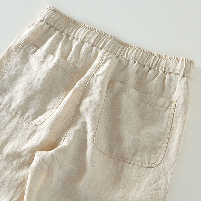 Buddha Stones秋冬 無地 ドローストリング 伸縮性ウエスト メンズ リネン アンクル丈 パンツ ポケット付き - image 2