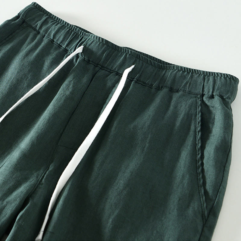 Buddha Stones秋冬 無地 ドローストリング 伸縮性ウエスト メンズ リネン アンクル丈 パンツ ポケット付き - image 26