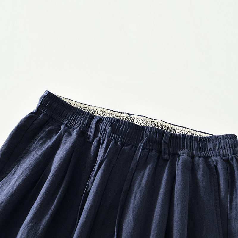 Buddha Stones秋冬 無地 ドローストリング 伸縮性ウエスト メンズ リネン ストレートレッグパンツ ポケット付き - image 1